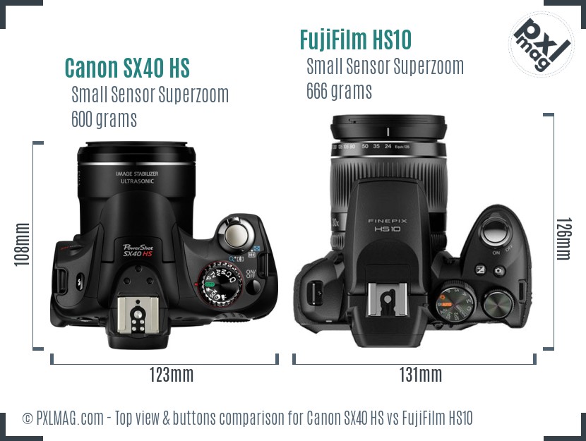Canon SX40 HS vs FujiFilm HS10 top view buttons comparison