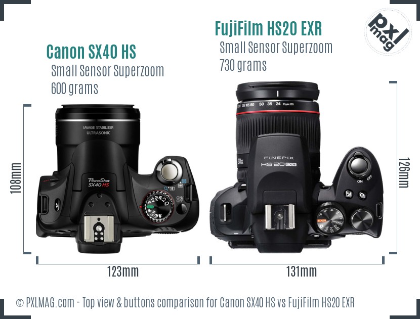 Canon SX40 HS vs FujiFilm HS20 EXR top view buttons comparison