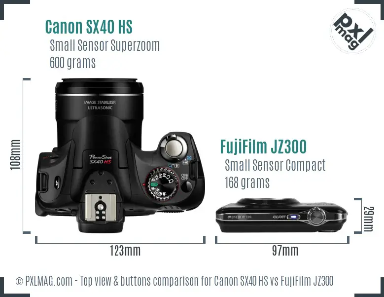 Canon SX40 HS vs FujiFilm JZ300 top view buttons comparison