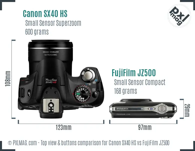 Canon SX40 HS vs FujiFilm JZ500 top view buttons comparison