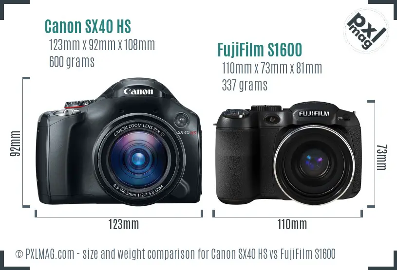 Canon SX40 HS vs FujiFilm S1600 size comparison