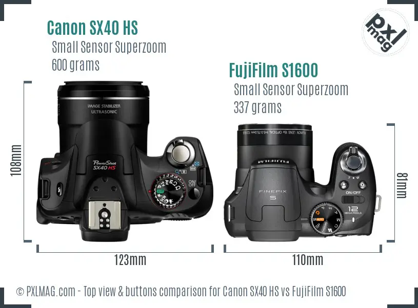 Canon SX40 HS vs FujiFilm S1600 top view buttons comparison