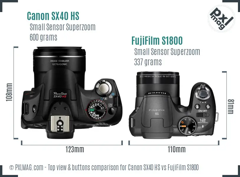 Canon SX40 HS vs FujiFilm S1800 top view buttons comparison Canon SX40 HS vs FujiFilm S1800 top view buttons comparison