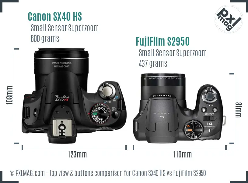 Canon SX40 HS vs FujiFilm S2950 top view buttons comparison