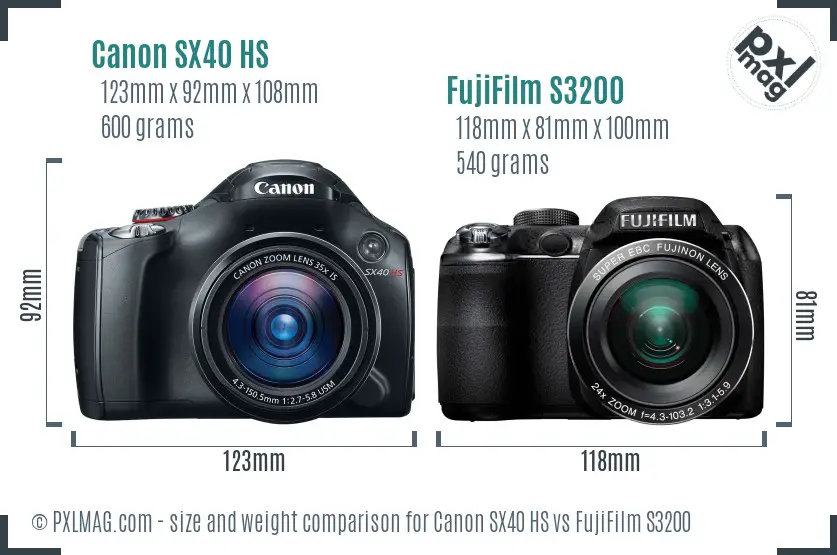 Canon SX40 HS vs FujiFilm S3200 size comparison