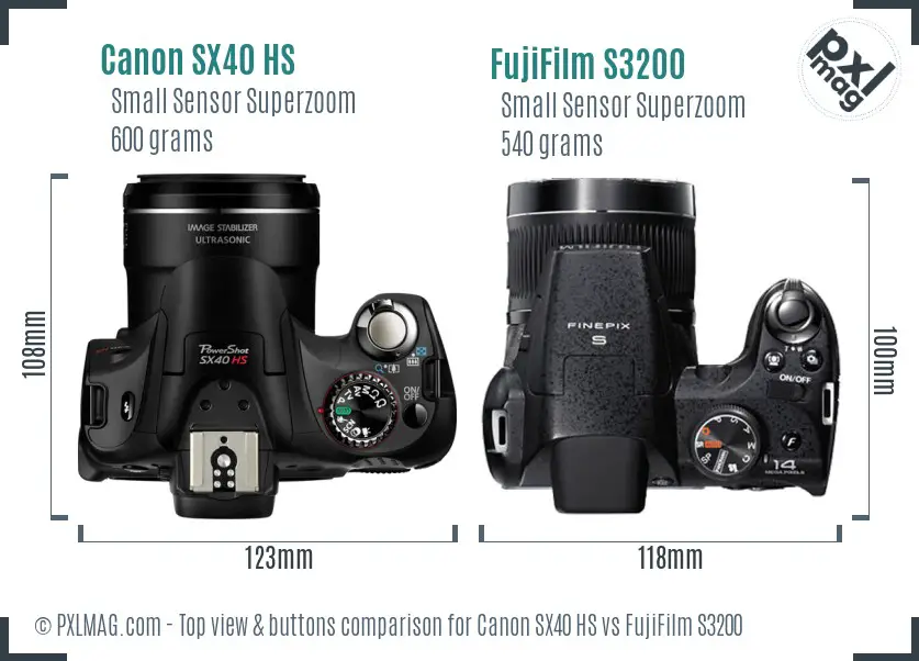 Canon SX40 HS vs FujiFilm S3200 top view buttons comparison