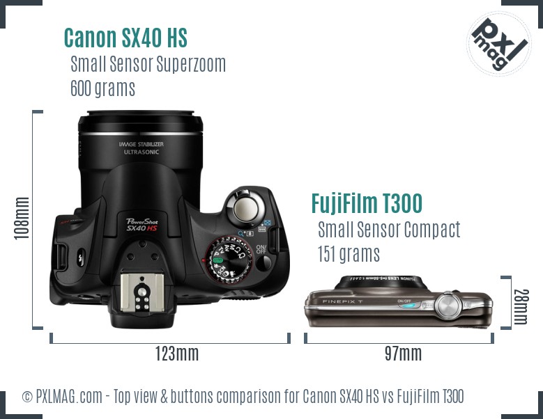 Canon SX40 HS vs FujiFilm T300 top view buttons comparison