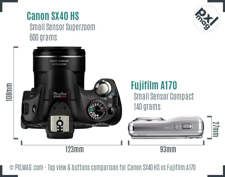 Canon SX40 HS vs Fujifilm A170 top view buttons comparison