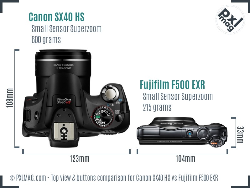 Canon SX40 HS vs Fujifilm F500 EXR top view buttons comparison