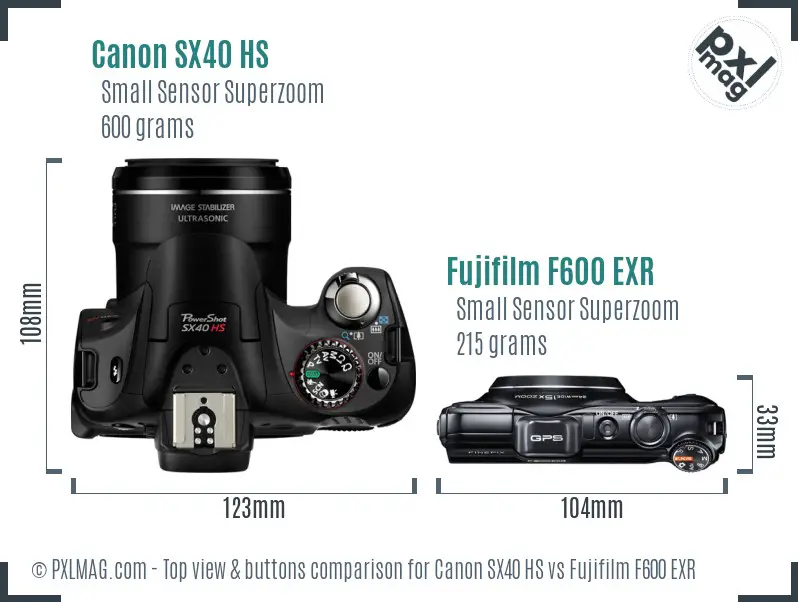 Canon SX40 HS vs Fujifilm F600 EXR top view buttons comparison