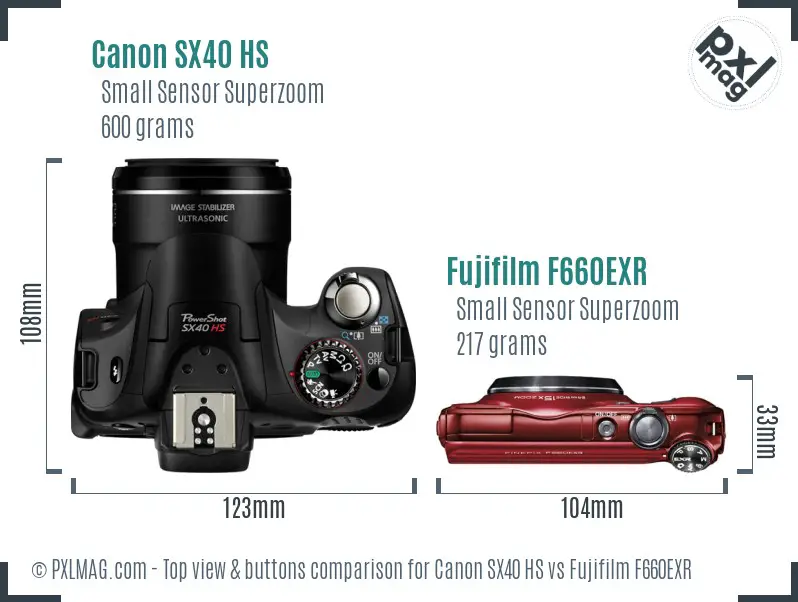 Canon SX40 HS vs Fujifilm F660EXR top view buttons comparison