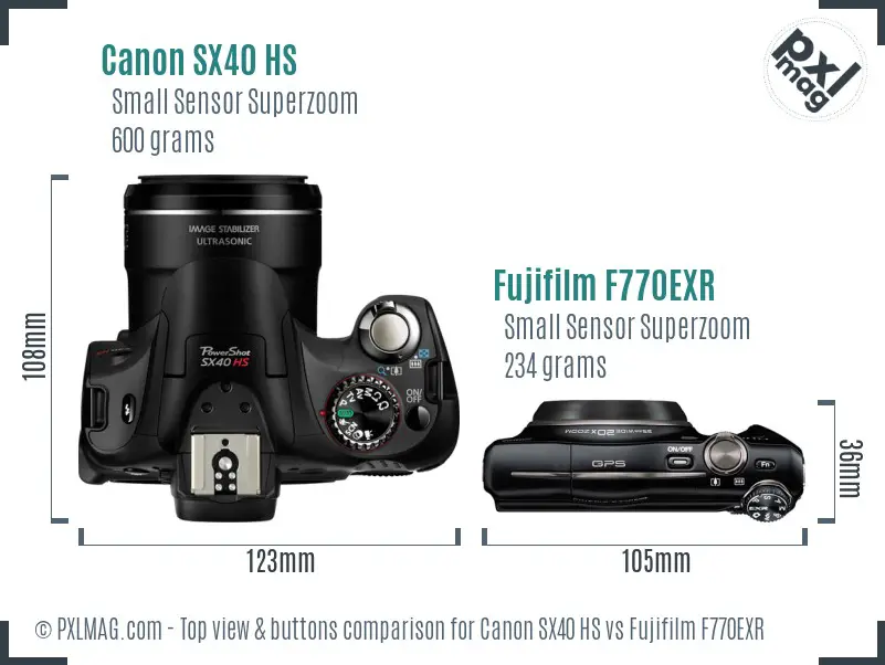 Canon SX40 HS vs Fujifilm F770EXR top view buttons comparison Canon SX40 HS vs Fujifilm F770EXR top view buttons comparison