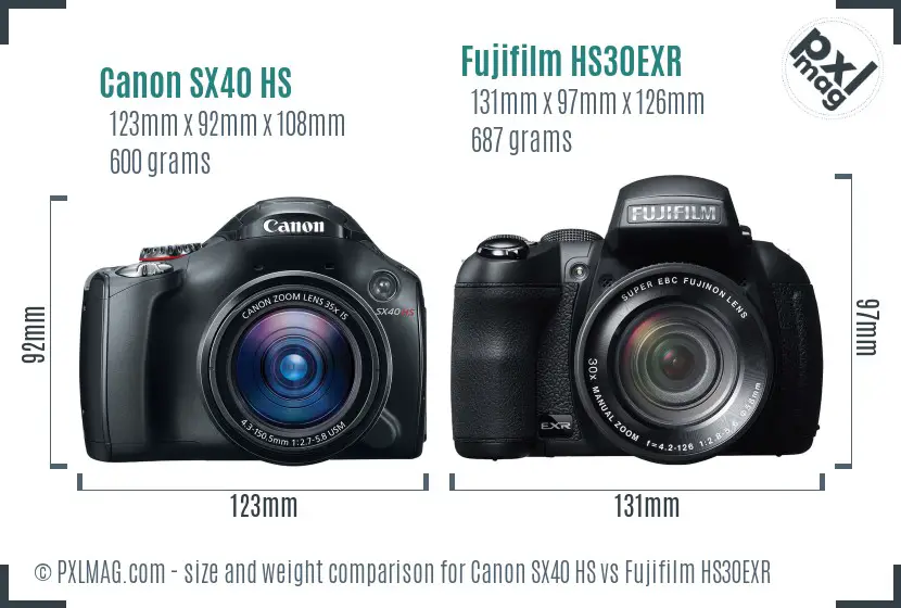 Canon SX40 HS vs Fujifilm HS30EXR size comparison