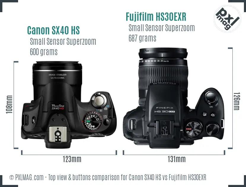 Canon SX40 HS vs Fujifilm HS30EXR top view buttons comparison