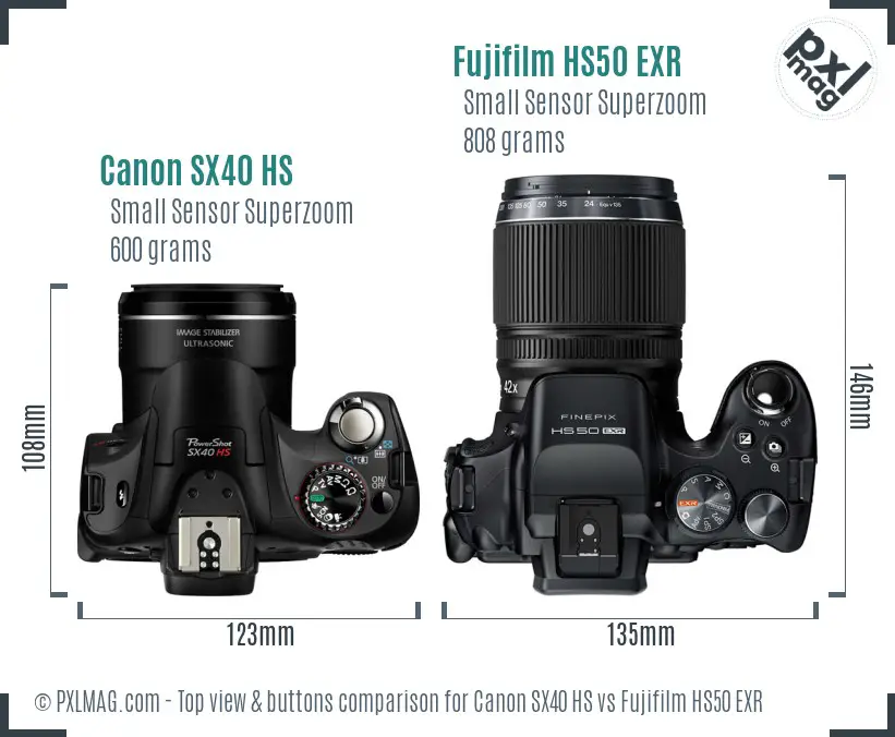 Canon SX40 HS vs Fujifilm HS50 EXR top view buttons comparison