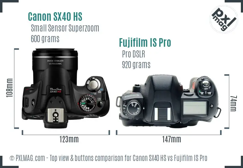 Canon SX40 HS vs Fujifilm IS Pro top view buttons comparison Canon SX40 HS vs Fujifilm IS Pro top view buttons comparison