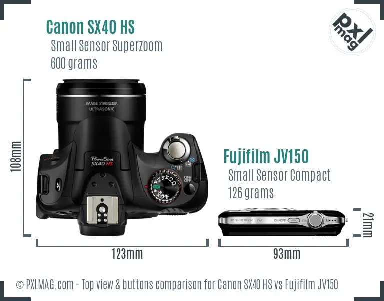 Canon SX40 HS vs Fujifilm JV150 top view buttons comparison