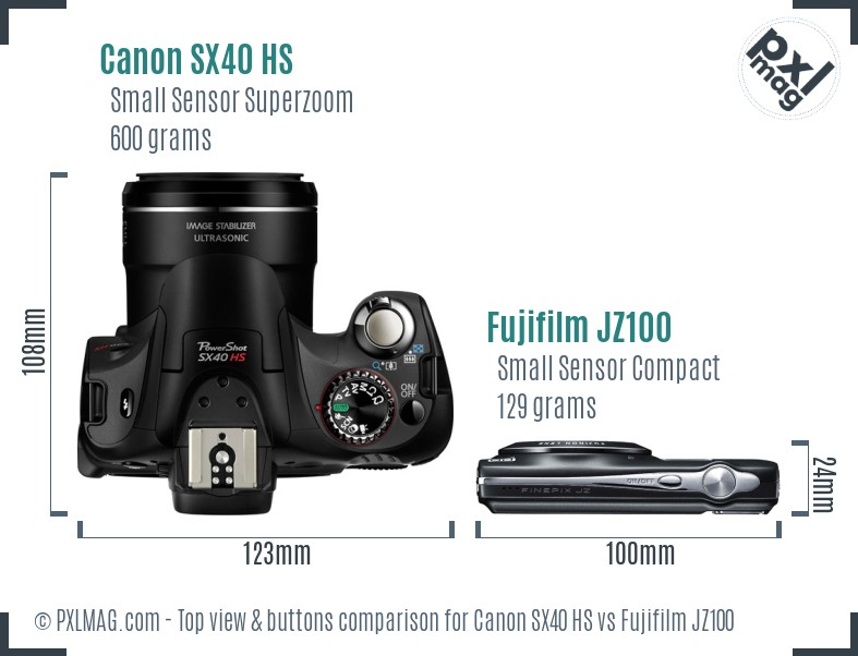 Canon SX40 HS vs Fujifilm JZ100 top view buttons comparison