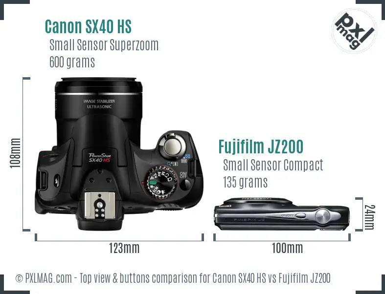 Canon SX40 HS vs Fujifilm JZ200 top view buttons comparison Canon SX40 HS vs Fujifilm JZ200 top view buttons comparison