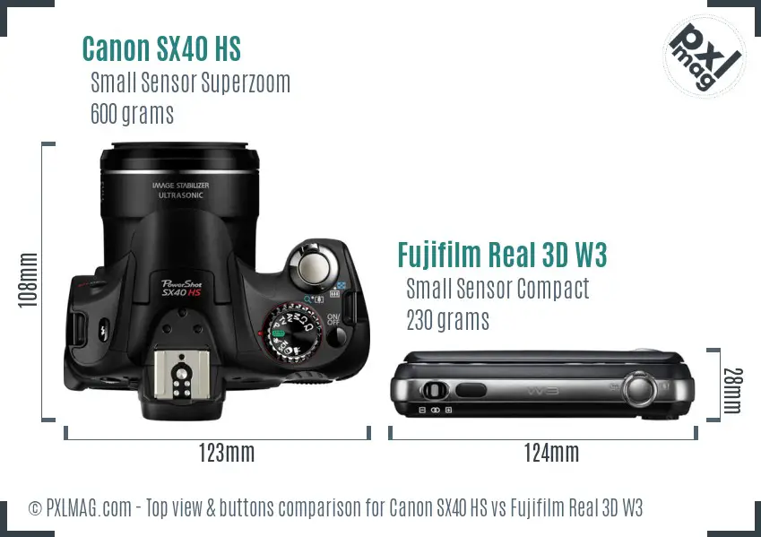 Canon SX40 HS vs Fujifilm Real 3D W3 top view buttons comparison Canon SX40 HS vs Fujifilm Real 3D W3 top view buttons comparison