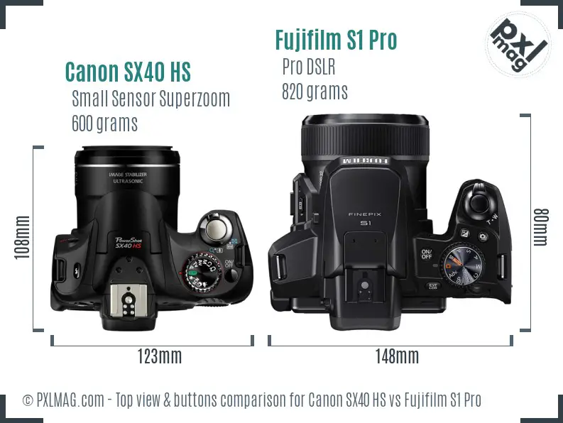Canon SX40 HS vs Fujifilm S1 Pro top view buttons comparison
