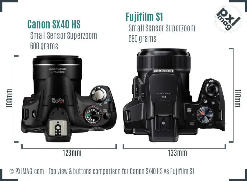 Canon SX40 HS vs Fujifilm S1 top view buttons comparison