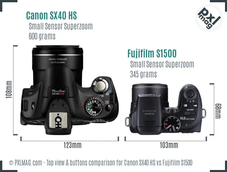 Canon SX40 HS vs Fujifilm S1500 top view buttons comparison