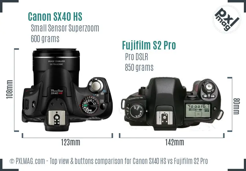 Canon SX40 HS vs Fujifilm S2 Pro top view buttons comparison