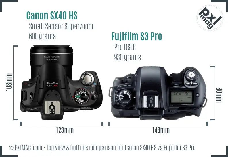 Canon SX40 HS vs Fujifilm S3 Pro top view buttons comparison Canon SX40 HS vs Fujifilm S3 Pro top view buttons comparison