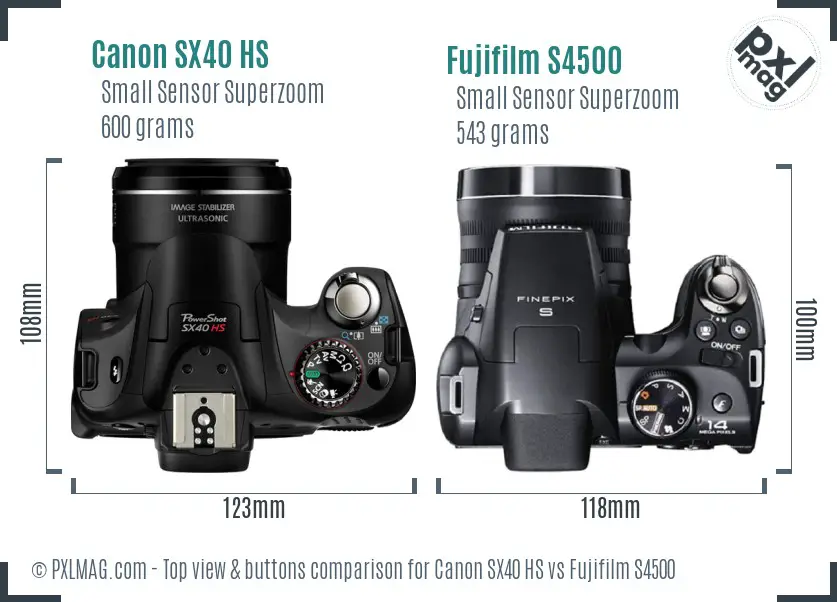 Canon SX40 HS vs Fujifilm S4500 top view buttons comparison