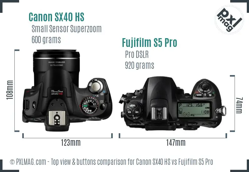 Canon SX40 HS vs Fujifilm S5 Pro top view buttons comparison