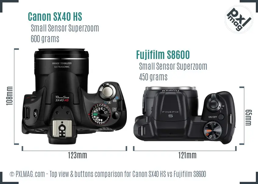 Canon SX40 HS vs Fujifilm S8600 top view buttons comparison