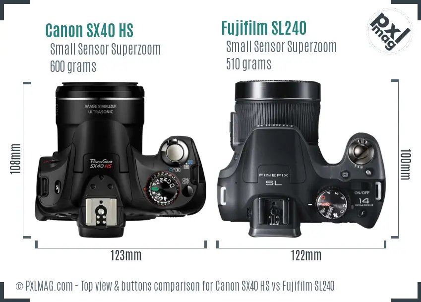Canon SX40 HS vs Fujifilm SL240 top view buttons comparison Canon SX40 HS vs Fujifilm SL240 top view buttons comparison