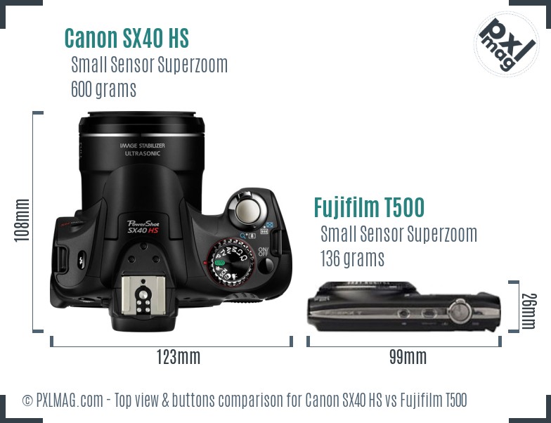 Canon SX40 HS vs Fujifilm T500 top view buttons comparison