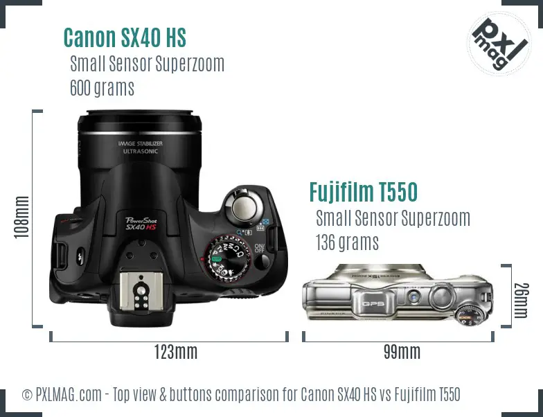Canon SX40 HS vs Fujifilm T550 top view buttons comparison Canon SX40 HS vs Fujifilm T550 top view buttons comparison