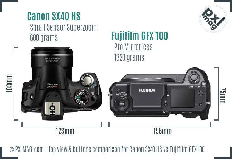 Canon SX40 HS vs Fujifilm GFX 100 top view buttons comparison