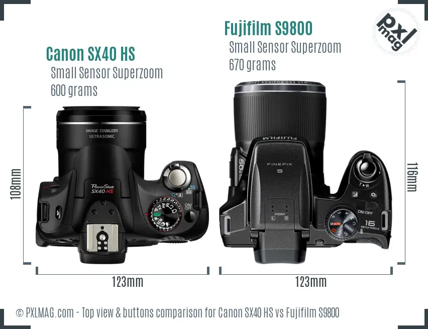Canon SX40 HS vs Fujifilm S9800 top view buttons comparison