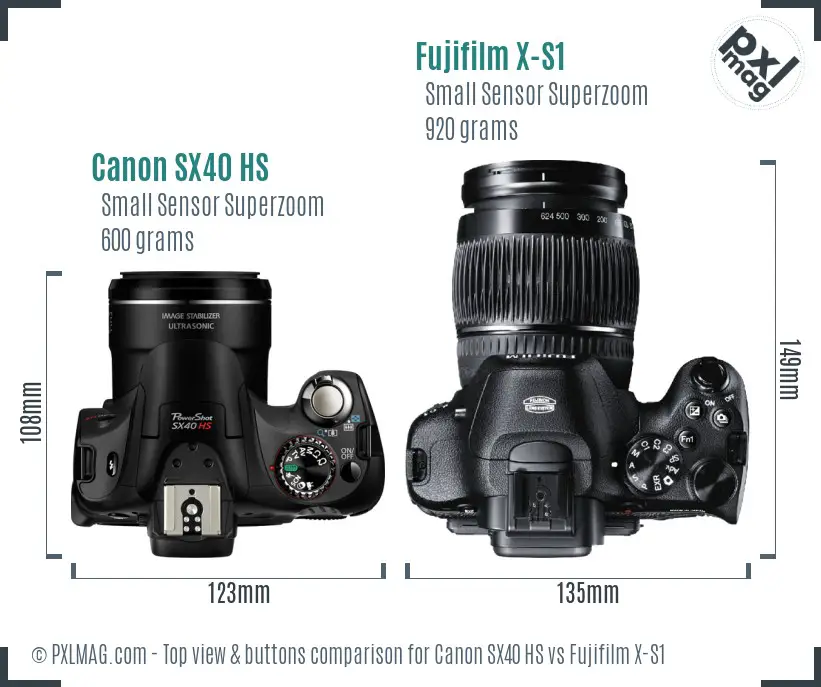 Canon SX40 HS vs Fujifilm X-S1 top view buttons comparison