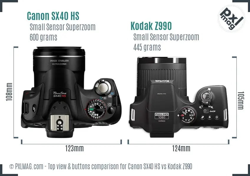 Canon SX40 HS vs Kodak Z990 top view buttons comparison Canon SX40 HS vs Kodak Z990 top view buttons comparison