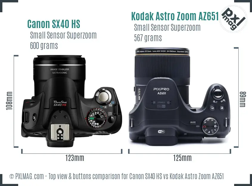 Canon SX40 HS vs Kodak Astro Zoom AZ651 top view buttons comparison