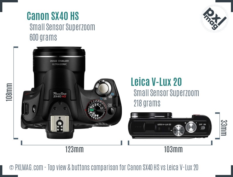 Canon SX40 HS vs Leica V-Lux 20 top view buttons comparison