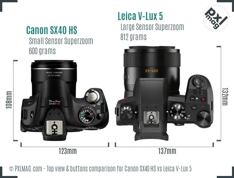 Canon SX40 HS vs Leica V-Lux 5 top view buttons comparison