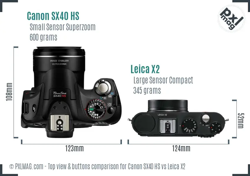 Canon SX40 HS vs Leica X2 top view buttons comparison