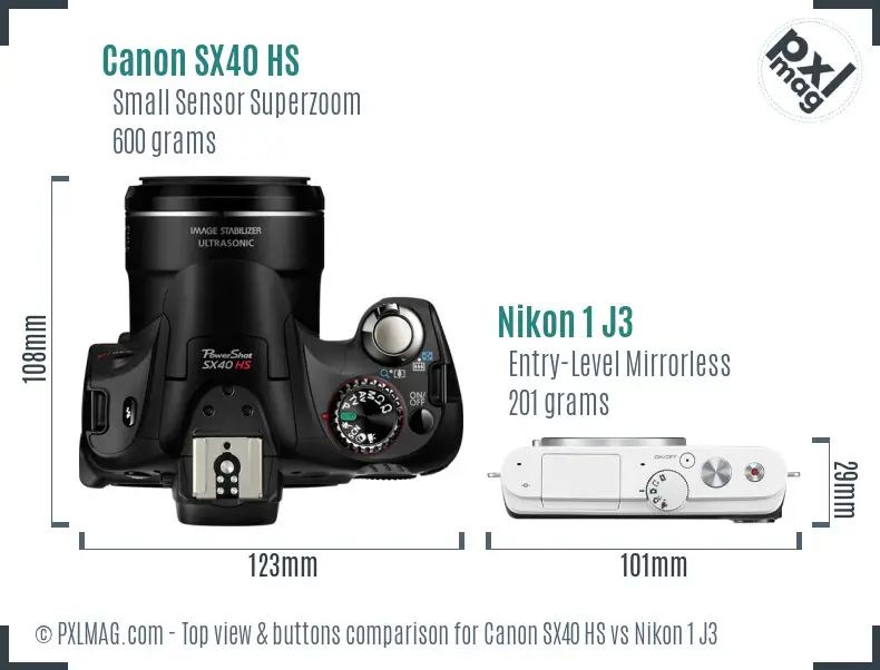 Canon SX40 HS vs Nikon 1 J3 top view buttons comparison