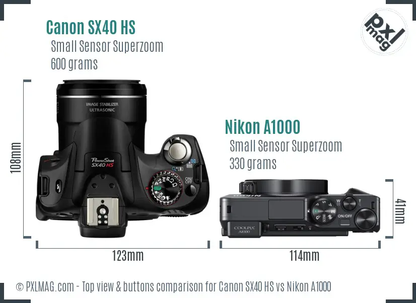 Canon SX40 HS vs Nikon A1000 top view buttons comparison