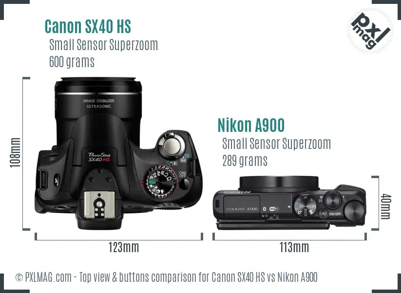 Canon SX40 HS vs Nikon A900 top view buttons comparison