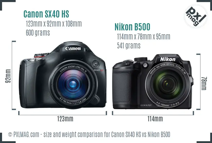 Canon SX40 HS vs Nikon B500 size comparison