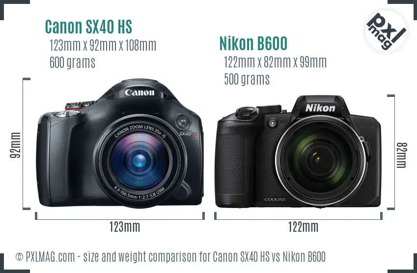 Canon SX40 HS vs Nikon B600 size comparison