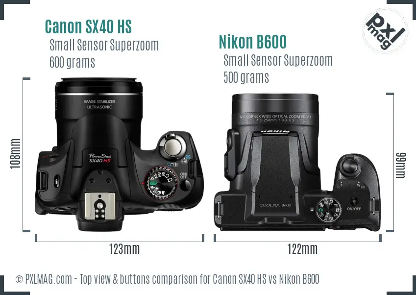 Canon SX40 HS vs Nikon B600 top view buttons comparison