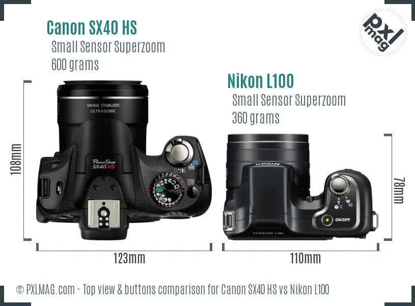 Canon SX40 HS vs Nikon L100 top view buttons comparison